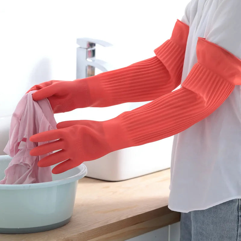 1Pair Lengthen Dishwashing Cleaning Silicone Gloves Rubber Dish Washing Glove Scrubber  for Household Kitchen Clean Tool